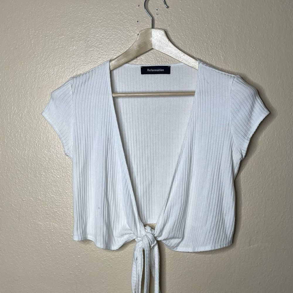 Reformation Shirt Women's Medium White Short Sleeve Wrap Top Ribbed Cropped
